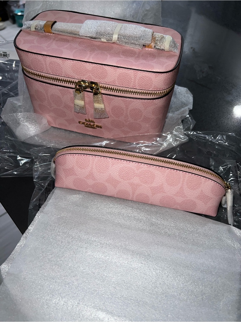 Coach Pink Coated Canvas Cosmetic Case Set with Gold Hardware